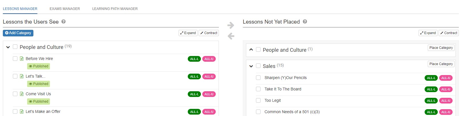 A screenshot of the Learning Experience area of an admin account with several lessons placed for users to view and other lessons yet to be placed.
