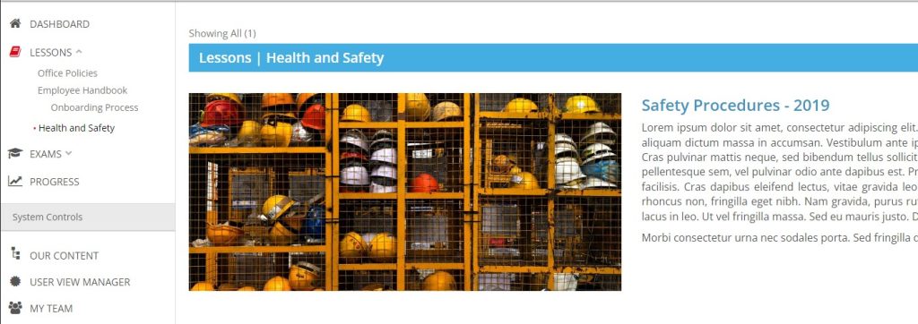 A screenshot of a Lesson category page with an approved and published lesson called "Safety Procedures - 2019".