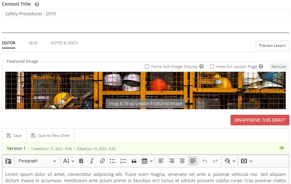 A screenshot of the Our Content editor view for "Safety Procedures - 2019". There is a red 'disapprove this draft' button.