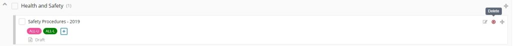 A screenshot of the Our Content map page with "Safety Procedures - 2019" and the deletion "X" hovered over.
