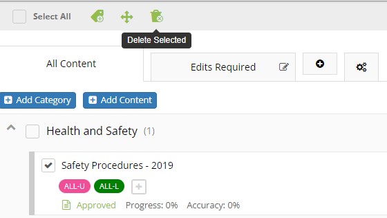 A screenshot of the Our Content map page with "Safety Procedures - 2019" selected and "delete selected" hovered over.