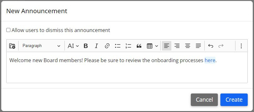 A screenshot of an example announcement.