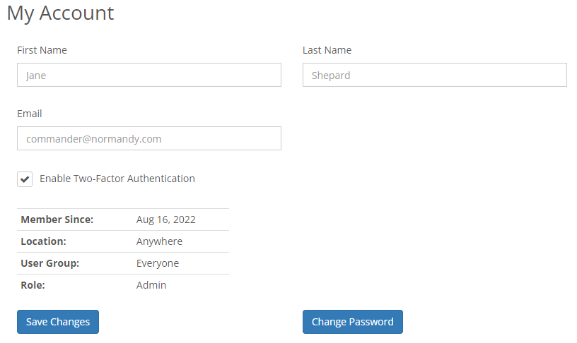A screenshot of an example account page with user information and the 2 Factor Authentication setting.