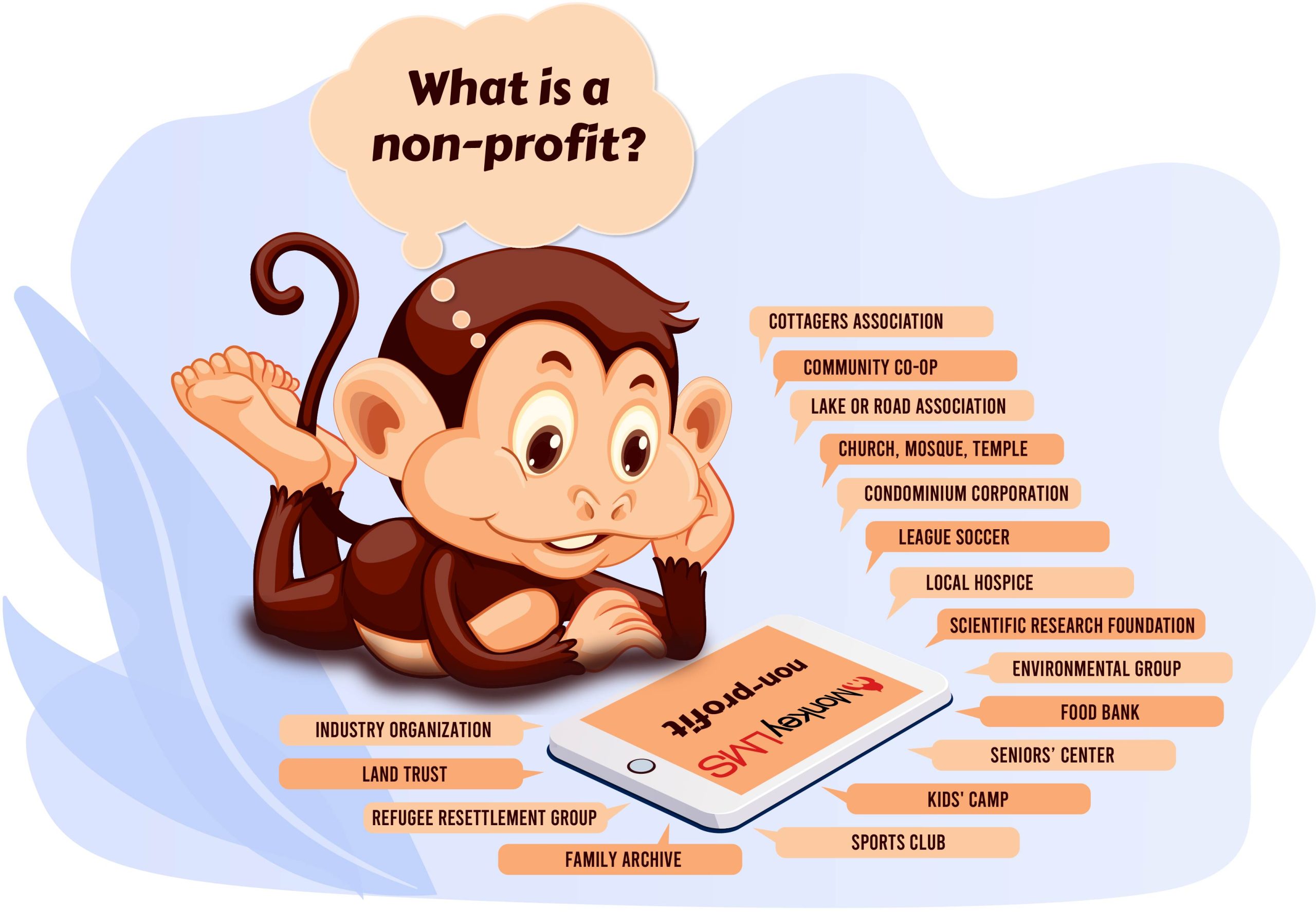 A picture of a monkey looking at the MonkeyLMS non-profit website on a tablet screen, asking "What is a non-profit?" There are 15 bubbles with answers: Cottagers Association, Lake/Road Association, Place of Worship, Condominium Corporation, League Soccer, Local Hospice, Research Foundation, Environmental Group, Food Bank, Seniors' Center, Kids' Camp, Sports Club, Family Archive, Land Trust, Industry Organization, Community Co-Op.